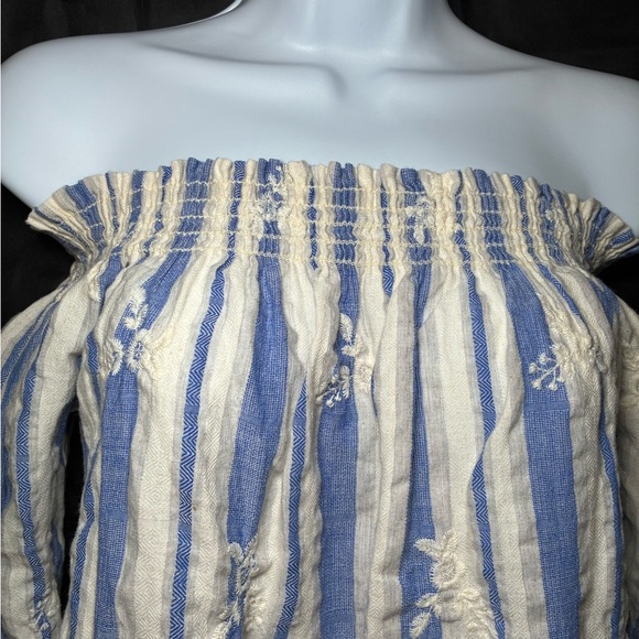 Everly Woman’s Off The Shoulder Mini Dress Blue White Stripe Medium Embroidered - Picture 7 of 11